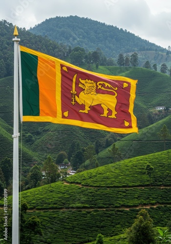 Wallpaper Mural Waving Sri Lankan Flag with Lion Symbol Over the Lush Green Tea Plantations of the Central Highlands Torontodigital.ca