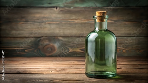 Wallpaper Mural Muted green glass bottle with a stopper filled with thick liquid and sitting on a wooden table Torontodigital.ca