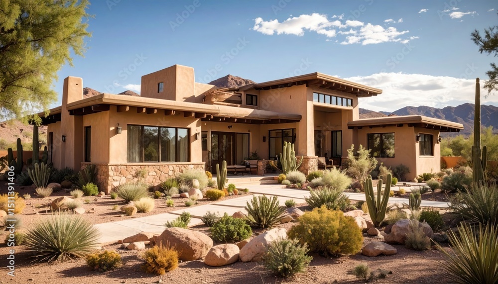 Fototapeta premium Expansive desert residence blending with the arid Arizona landscape and native vegetation