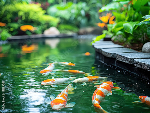 A serene scene of koi fish ...