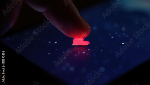 Finger touching a red heart on a digital screen
