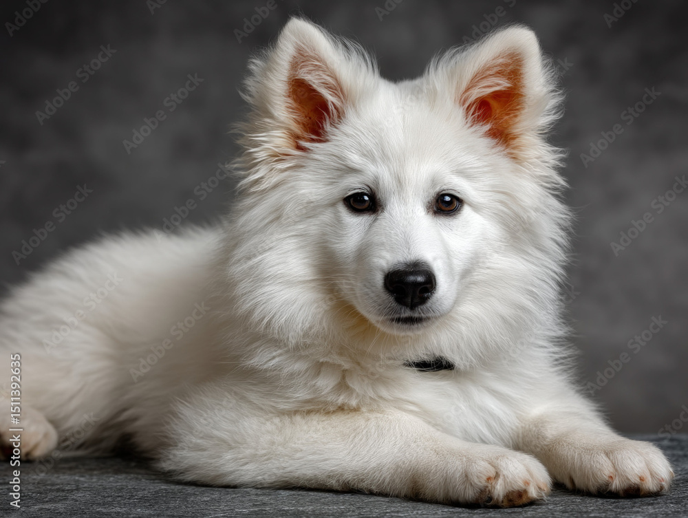 American Eskimo puppy: Cute puppy with fluffy white fur, sitting and looking adorable American Eskimo puppy: Cute puppy with fluffy white fur, sitting and looking adorable