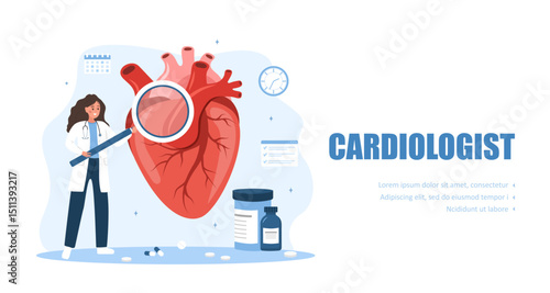 Cardiologist concept. Heart health. Female doctor with large magnifier examines internal organs. Vector illustration in flat cartoon style.