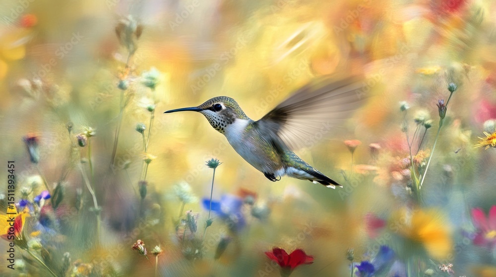 Fototapeta premium A Hummingbird in Flight Through a Field of Colorful Flowers
