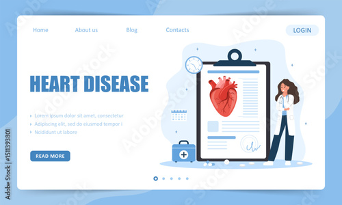 Heart disease. Landing page template. Female doctor. Health care and treatment concept. Vector illustration in flat cartoon style.