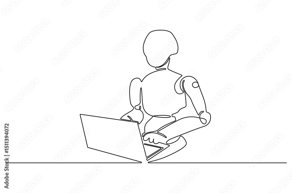 Continuous one line drawing of Robot humanoid use laptop. Single line drawing illustration of Humanoid robot use a laptop. 4th industrial revolution concept vector art. Doodle line illustration. Continuous one line drawing of Robot humanoid use laptop. Single line drawing illustration of Humanoid robot use a laptop. 4th industrial revolution concept vector art. Doodle line illustration.