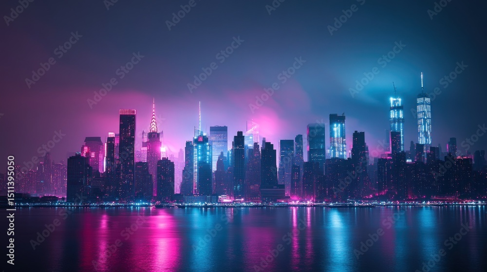 Fototapeta premium Neon Cityscape with Skyscrapers Reflecting in Water