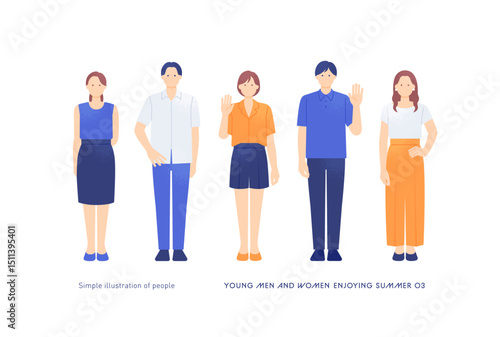 ポーズを決める若い男女5人組 カジュアルな夏服で夏を楽しむ若者のベクターイラスト素材