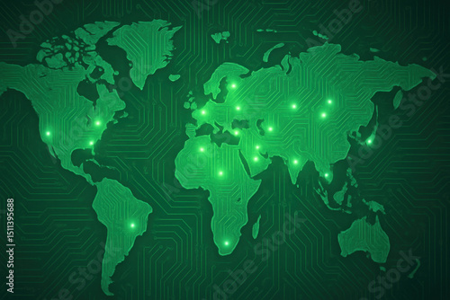 Global network connection, illuminated world map in green tones, showcasing digital communication and technology themes, ideal for presentations.