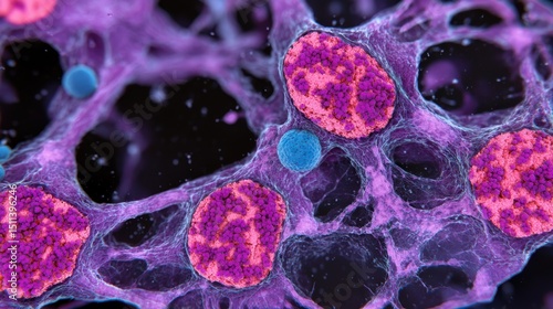 Microscopic view of vibrant cell structures.