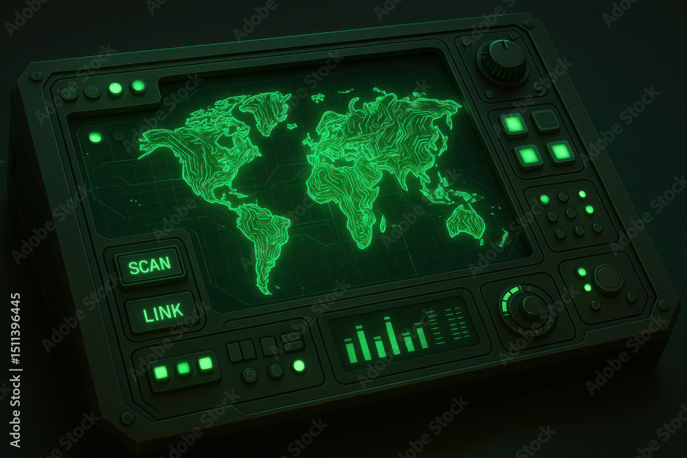 Futuristic digital map display, glowing green world map on a sleek device, highlighting global connectivity, tech and innovation. Futuristic digital map display, glowing green world map on a sleek device, highlighting global connectivity, tech and innovation.