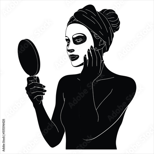 Black silhouette vector of a woman holding a handheld mirror or wearing a face mask