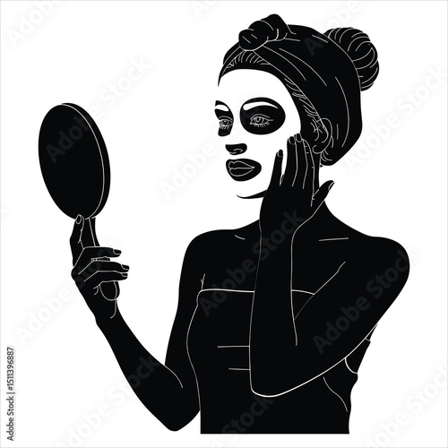 Black silhouette vector of a woman holding a handheld mirror or wearing a face mask