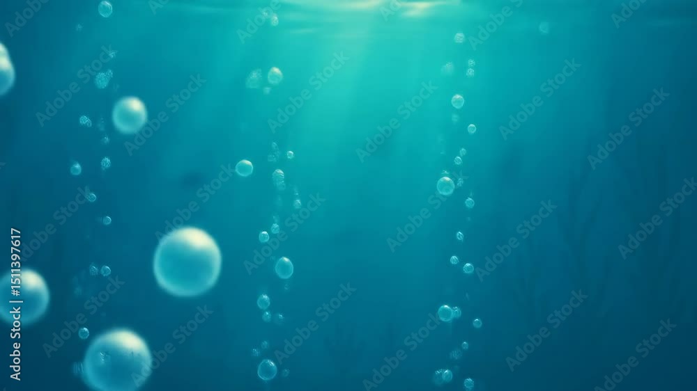 Underwater bubbles rising in blue water with sunlight filtering through Underwater bubbles rising in blue water with sunlight filtering through