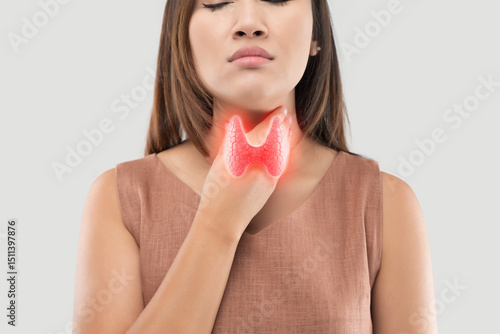 A woman is depicted holding her throat, with a superimposed image of the thyroid gland, suggesting clinical relevance to thyroid dysfunction or examination.