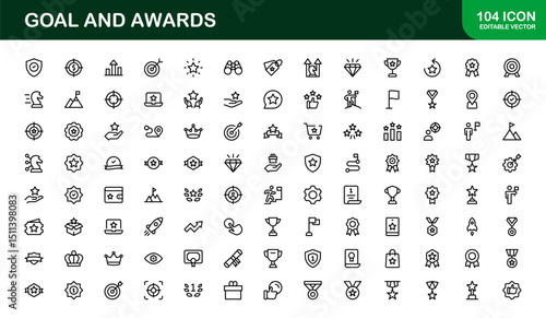 Goal and Awards Icon Set Representing Achievement, Medal, Trophy, Target, and Success Concepts in a Minimal, Vector-Based Stock-Friendly Design