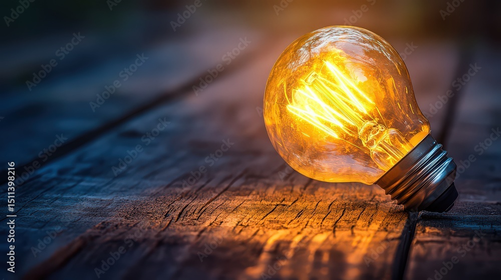 Fototapeta premium Illuminated light bulb resting on a rustic wooden surface casting a warm and inviting glow in the dark