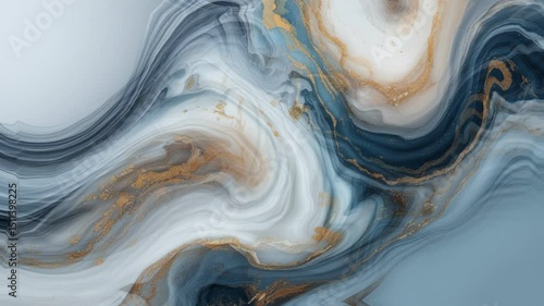 An artistic rendering of an agate or stone slab, showcasing a harmonious blend of deep indigos, sky blues, creamy whites, and sparkling gold accents in an organic, flowing composition.