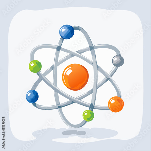 Flat vector illustration of a stylized atom with orbiting electrons and floating science icons, representing atomic structure and physics.

