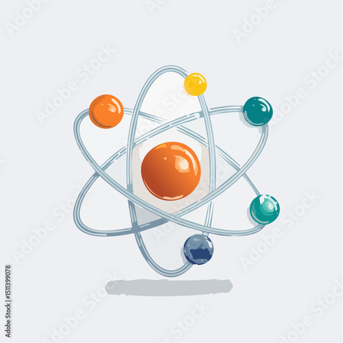 Flat vector illustration of a stylized atom with orbiting electrons and floating science icons, representing atomic structure and physics.

