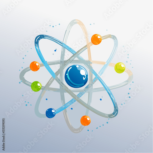 Flat vector illustration of a stylized atom with orbiting electrons and floating science icons, representing atomic structure and physics.

