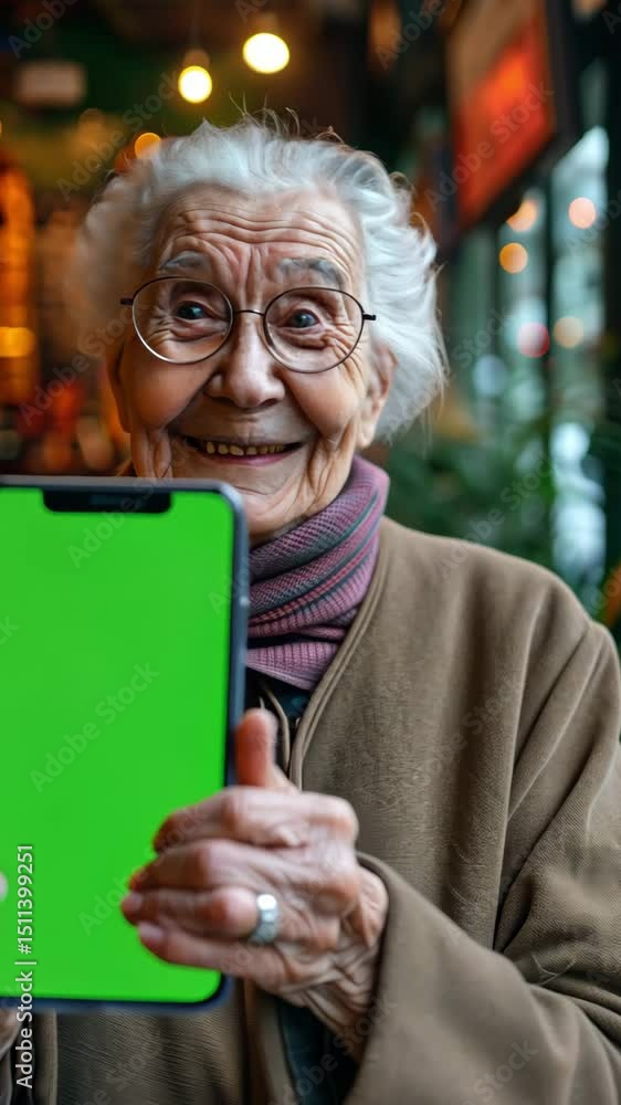 An elderly woman sits comfortably in a cozy cafe, using her smartphone with a vibrant green screen. She looks engaged and curious, embodying the harmony of technology and daily life. An elderly woman sits comfortably in a cozy cafe, using her smartphone with a vibrant green screen. She looks engaged and curious, embodying the harmony of technology and daily life.