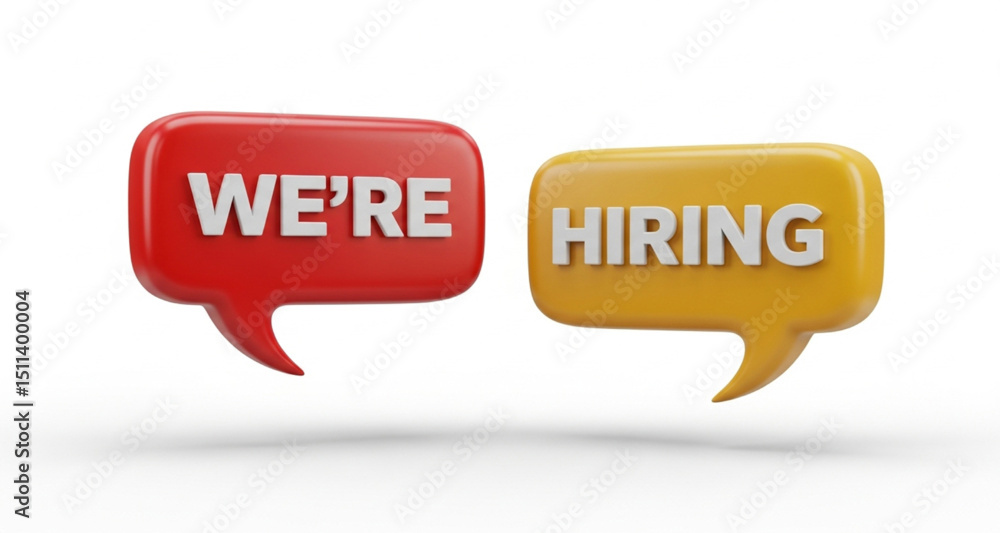 We're Hiring Red and Yellow Speech Bubbles | Job Opportunity Announcement for Recruitment Marketing and Employment Advertising We're Hiring Red and Yellow Speech Bubbles | Job Opportunity Announcement for Recruitment Marketing and Employment Advertising