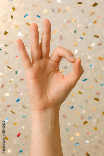 Hand Making OK Gesture with Colorful Confetti on Festive Background