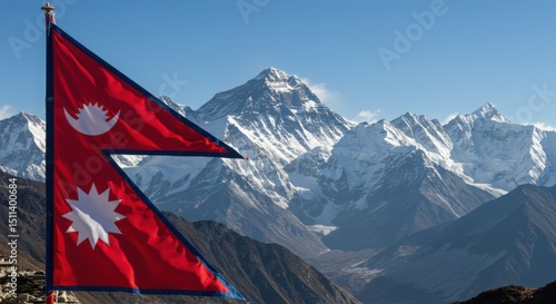 Wallpaper Mural Waving Unique Nepali Flag Symbolizing Himalayas Against the Majestic Peaks of Mount Everest Range Torontodigital.ca