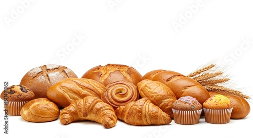 Golden-Brown Bakery Goods: Croissants, Breads, and Muffins in Rustic Arrangement