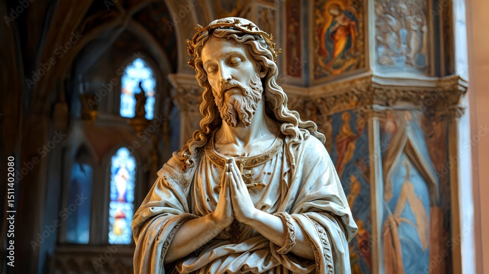 Marble statue of Jesus Christ in prayer with golden cross and crown, captured inside an ornately decorated church interior with gothic details and sacred ambiance. 3 Marble statue of Jesus Christ in prayer with golden cross and crown, captured inside an ornately decorated church interior with gothic details and sacred ambiance. 3