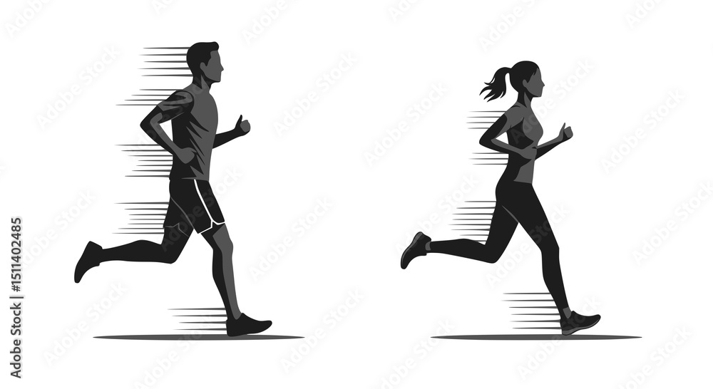 Obraz premium Running man and woman, isolated vector silhouettes. Run, side view. Silhouettes of athletic looking male and female runners running. Transparent PNG version. 