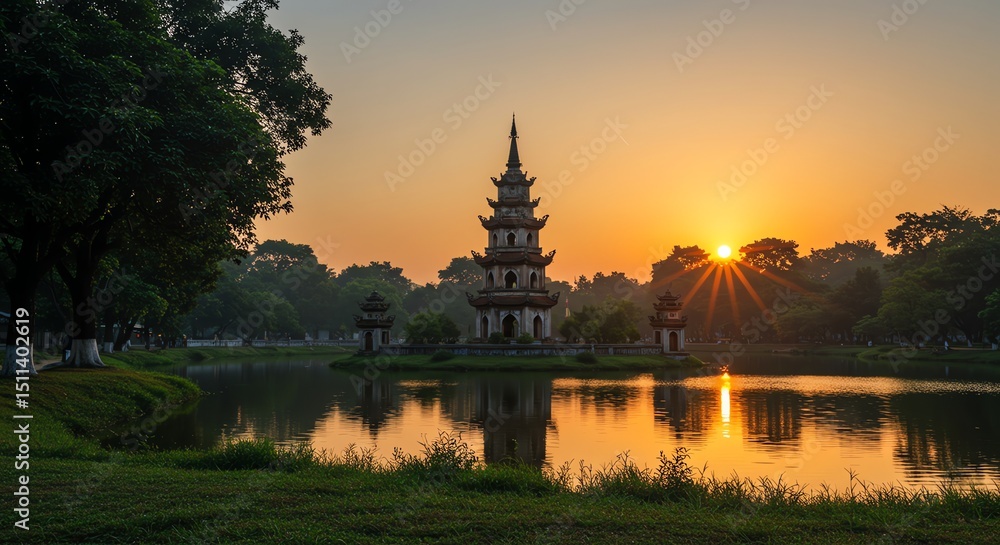 Fototapeta premium Tranquil Pagoda at Sunset: Serene Lakeside Landscape