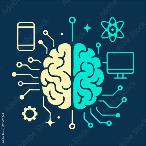 Futuristic Brain and Technology Integration, Innovation, and Neural Network Concept