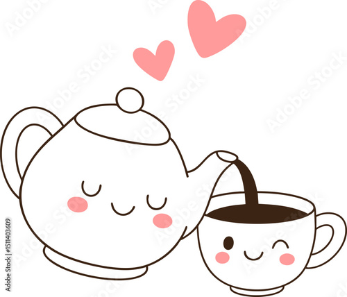 Cute teapot and cup with hearts, expressing love for tea time