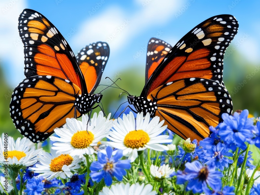 Fototapeta premium Two Monarch Butterflies on Daisies and Blue Flowers in a Sunny Meadow
