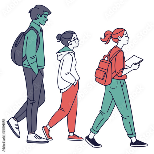A group of diverse school children walking together with backpacks in a colorful illustration.
