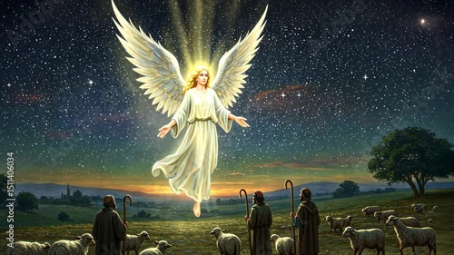 Angel appears to shepherds in a field at night