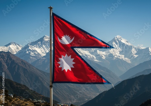 Waving Unique Nepali Flag Symbolizing Himalayas Against the Majestic Peaks of Mount Everest Range