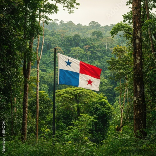 Wallpaper Mural Waving Panamanian Flag Symbolizing Crossroads of Worlds Over the Dense Tropical Rainforest Landscape Torontodigital.ca