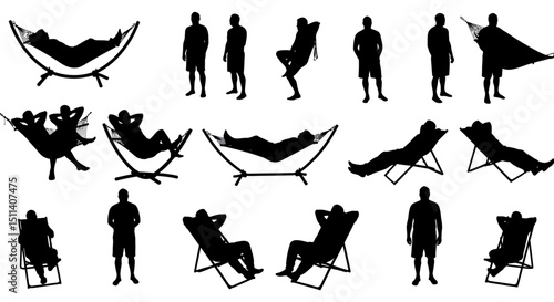 Relaxing Silhouettes Hammock and Lounge Chair Poses - Vector Illustration Set