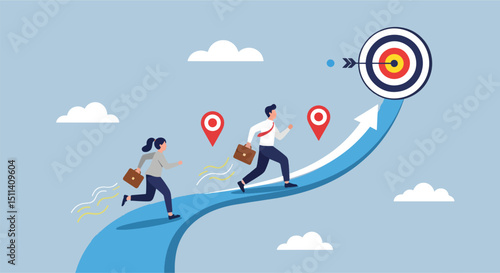 Vector illustration of a business team running along a project timeline roadmap, symbolizing project planning, progress tracking, and action planning for strategic business development.
