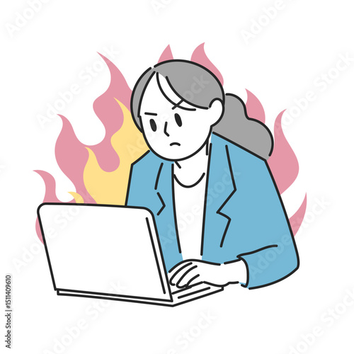 やる気に燃える女性のパソコン作業イラスト