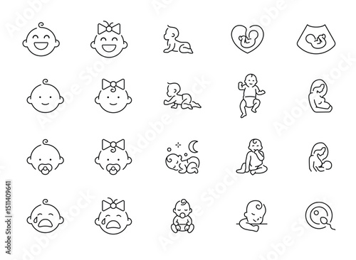 Baby, Child, and Pregnancy Line Icons. Newborn Care, Motherhood, Family Love, Breastfeeding, Fertility, Ultrasound, Insemination, Parent Symbols, Cute Kids and Emoticons Set.