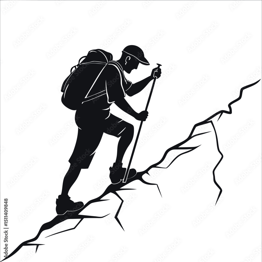 Fototapeta premium Silhouette of Hiker Ascending Rocky Mountain Trail