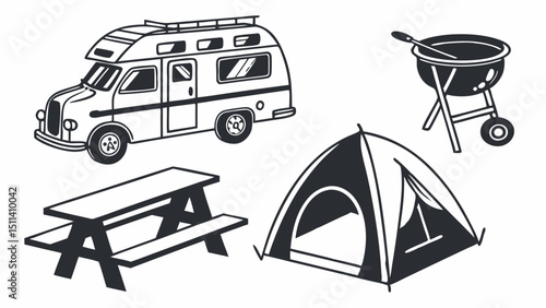 Camping Essentials RV, Tent, Grill, Picnic Table Illustrations