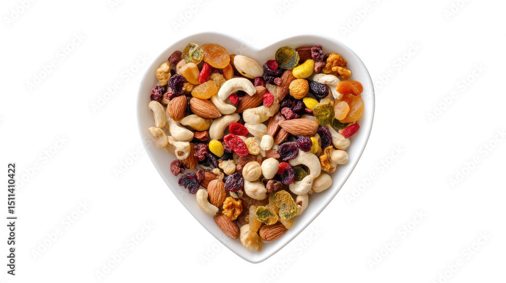 Heart-shaped bowl filled with assorted nuts and dried fruits, white isolated background. Heart-shaped bowl filled with assorted nuts and dried fruits, white isolated background.