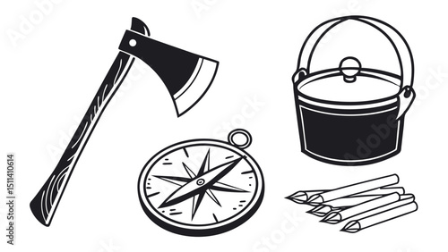 Camping Essentials Axe, Pot, Compass & Fire Starters Illustration
