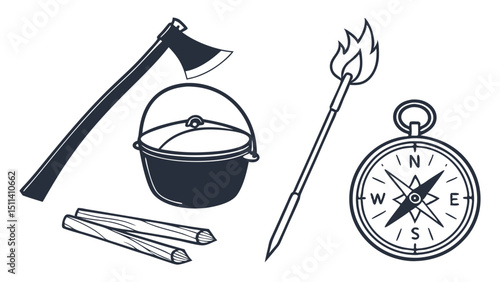 Camping Essentials Axe, Pot, Fire Starter, Compass, and Tinder