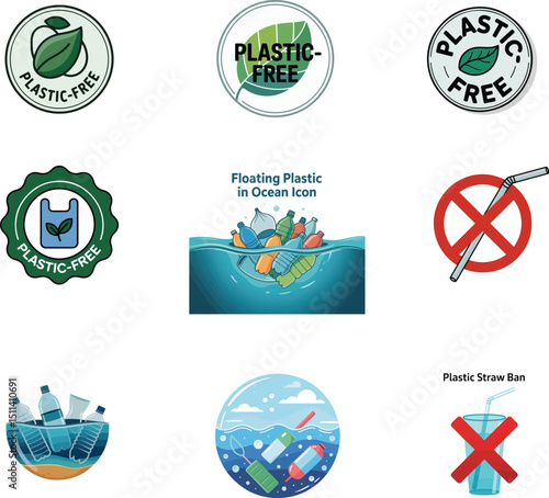World Environment Day Icon Set – Beat Plastic Pollution Themed Vector Icons of Floating plastic in ocean, Plastic-free badge, Recycling, Eco Actions, and Sustainable Living for Environmental Awareness